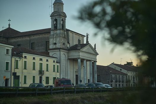 Small church in Lendinara, a small village in Veneto, Italy, at sunset.