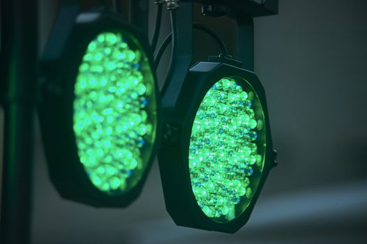Detail of colored LED spotlights used to illuminate a stage stage of a concert