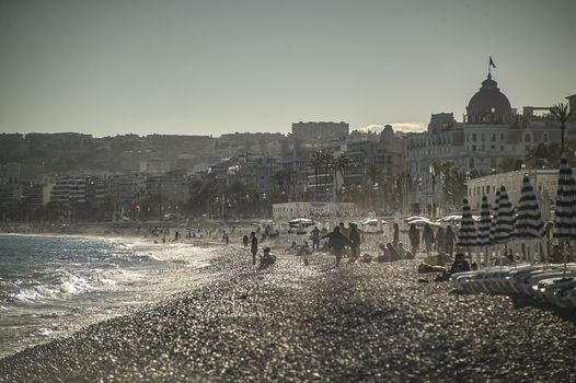 Seaside resort on Nice beach in France during summer time. A breathtaking landscape.