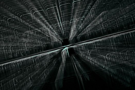Digital abstract bits data stream, cyber pattern digital background. Vignette light and dark shadow dramatic effect. Letters, chars, and digits.