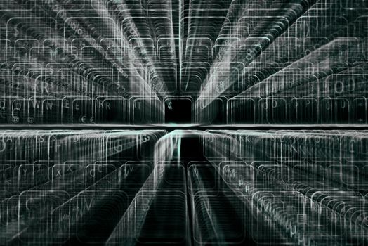 Digital abstract bits data stream, cyber pattern digital background. Vignette light and dark shadow dramatic effect. Letters, chars, and digits.