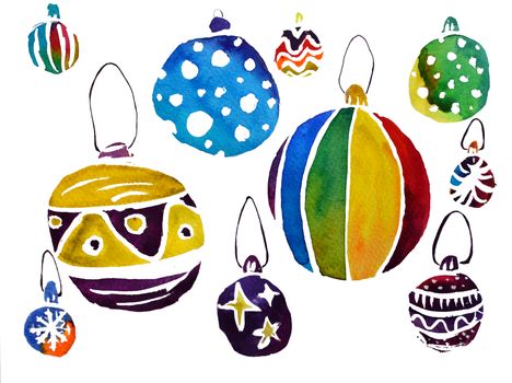 Watercolor Christmas and new year decorations. It can be used for wrapping paper, card, postcard, poster, banner