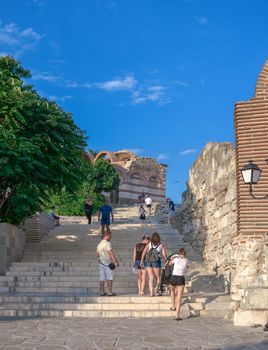 Nesebar, Bulgaria – 07.09.2019. Fortress walls on the promenade of Nesebar, Bulgaria, on a sunny summer day