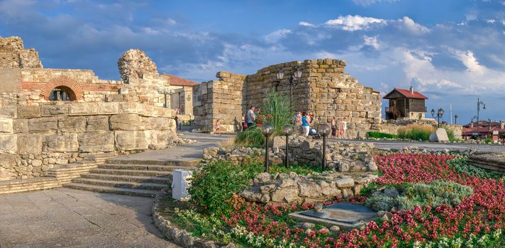 Nesebar, Bulgaria – 07.09.2019. Fortress walls on the promenade of Nesebar, Bulgaria, on a sunny summer day