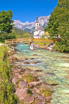 Sankt Sebastian pilgrimage church with alpine turquoise river alpine landscape view, Ramsau, Nationalpark Berchtesgadener Land, Bavaria, Germany