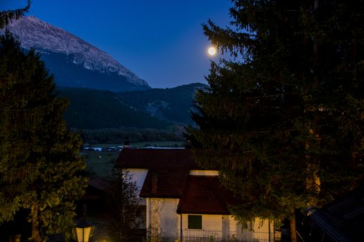 a house and a huge pine tree under the moonlight at Pescasseroli, Italy 