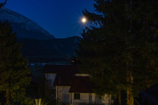 a house and a huge pine tree under the moonlight at Pescasseroli, Italy 