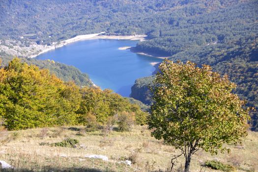 View of the montagna Spaccata lake in Abruzzo National Park, Italy