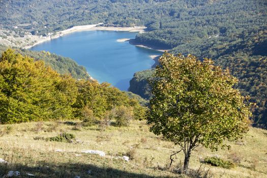 View of the montagna Spaccata lake in Abruzzo National Park, Italy