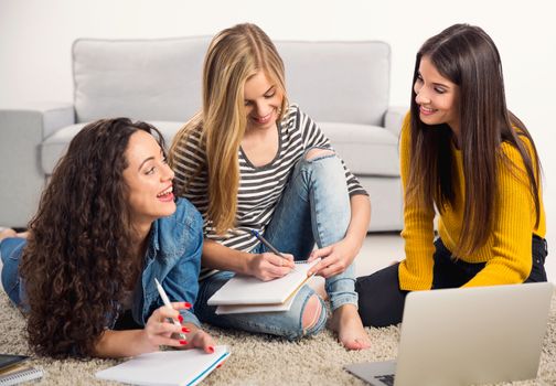 Happy teen girls studying at home with books and laptop