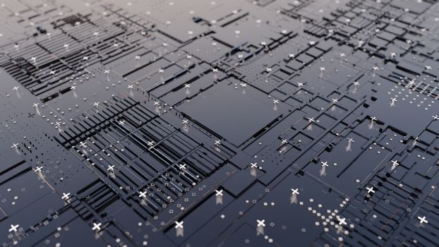 Abstract Central Computer Processors Concept. 3D illustration. Conceptual CPU on circuit board - PCB