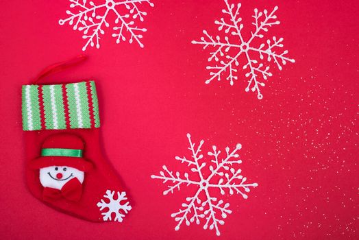 Stocking decoration in christmas holiday on red background