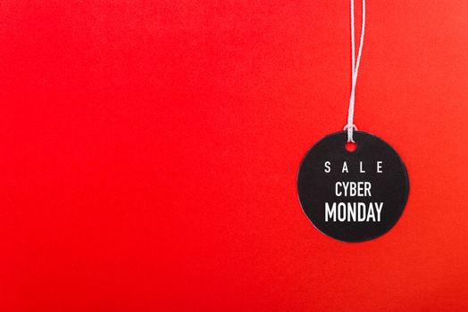 Online shopping Cyber Monday sale text on Circle Black tag label on red background