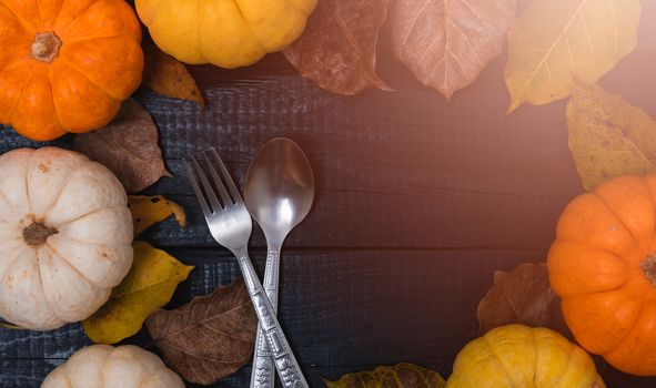 Fall Thanksgiving and Halloween pumpkins and dry leaves on wooden background, top view shot