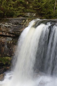 Beautiful view of Jedlove Falls in super green forest surroundings, Czech Republic