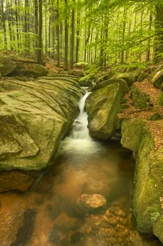 Beautiful view of Velky Falls in super green forest surroundings, Czech Republic