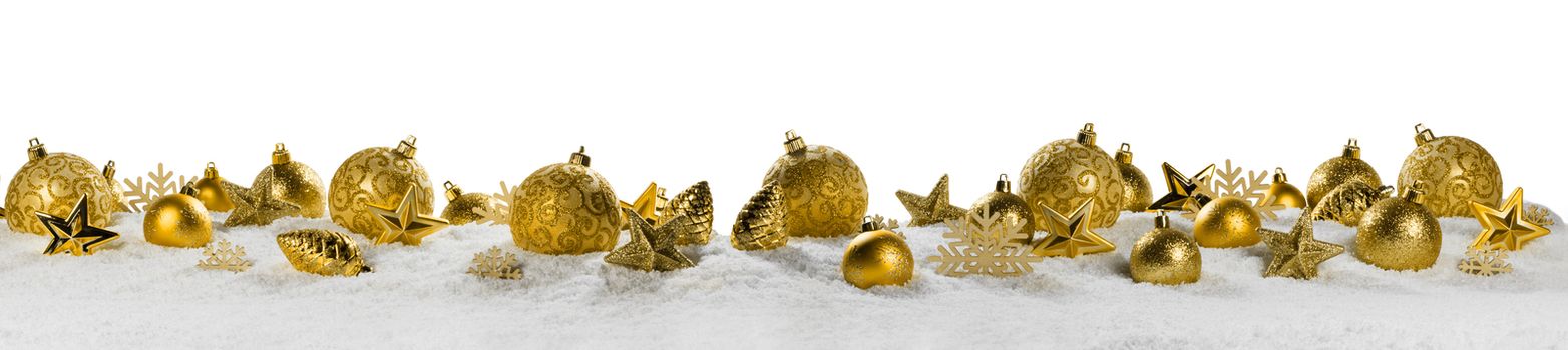 Christmas border with golden ornaments on snow isolated on white background