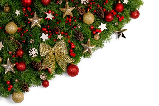 Christmas Border frame of tree branches on white background with copy space isolated, red and golden decor, berries, stars