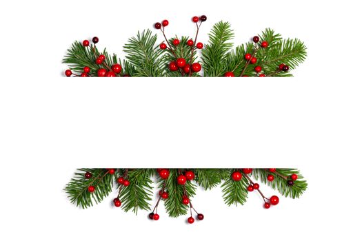 Natural fir Christmas tree border frame isolated on white , copy space for text