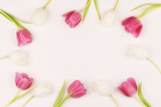 Frame made of colourful tulips Valentines day background