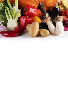 Harvest of many vegetables isolated on white background border frame with copy space for text