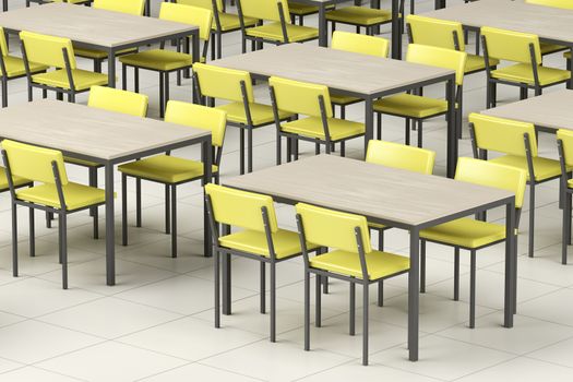 Cafeteria with rows of empty tables and chairs