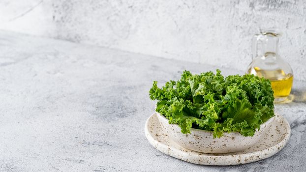 Green kale leaves in white craft bowl on gray cement background. Healthy eating, vegetarian food, dieting concept. Copy space left. Health kale benefits. Banner