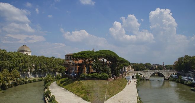 Photo of Fate Bene Fratelli Hospital, Pons Cestius and river Tiber, view from Ponte Garibaldi bridge, Rome, Italy
