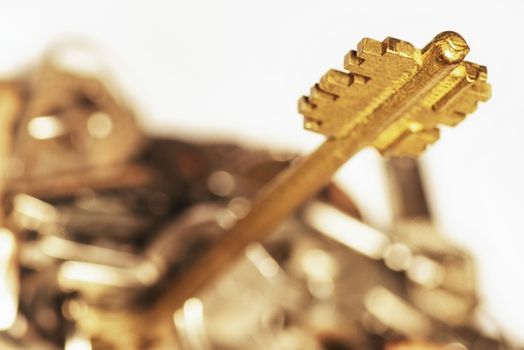 Many keys of different sizes. Keys on a white background, close-up. Selective focus, soft focus.