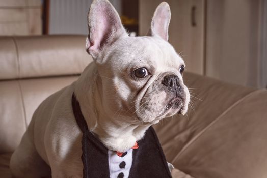 French bulldog .Muzzle of a white bulldog close up , close-up view of adorable puppy.Dog in suit