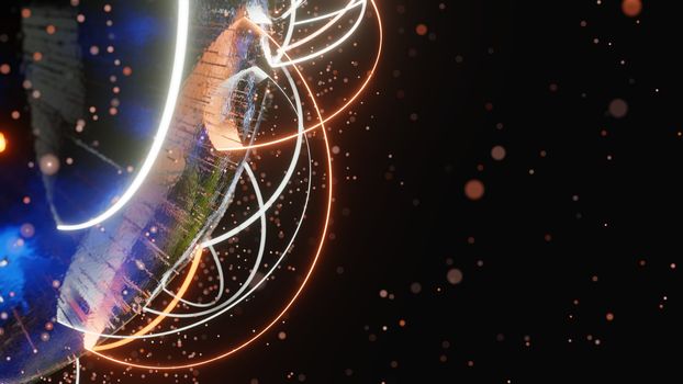 Connection curves and dots around Earth globe, Futuristic technology background. 3D illustration. Elements of this image furnished by NASA