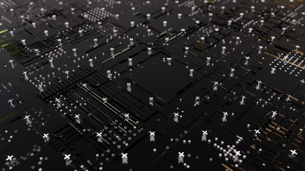 Abstract Central Computer Processors Concept. 3D illustration. Conceptual CPU on circuit board - PCB