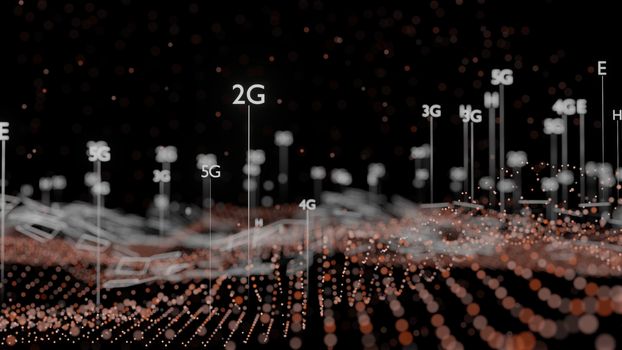 Abstract 3D illustration represent 5G, 4G, 3G, 2G mobile technology. Dark background, plexus, dof effect