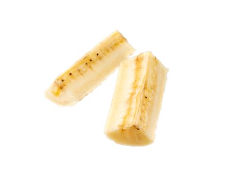 Two banana fourth slices, isolated on white background with clipping path. Extreme close up, studio shoot.