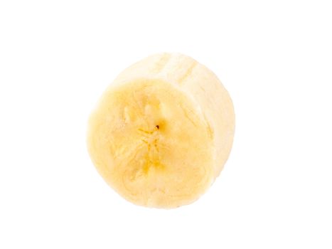 One banana slice, isolated on white background with clipping path. Extreme close up, studio shoot.