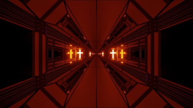 clean futuristic scifi fantasy space hangar tunnel corridor with holy christian glowing cross 3d illustration wallpaper background, future sci-fi building room with religion christus symbol 3d rendering design