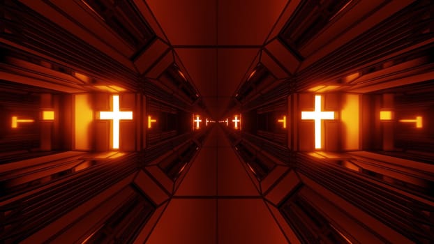 clean futuristic scifi fantasy space hangar tunnel corridor with holy christian glowing cross 3d illustration wallpaper background, future sci-fi building room with religion christus symbol 3d rendering design