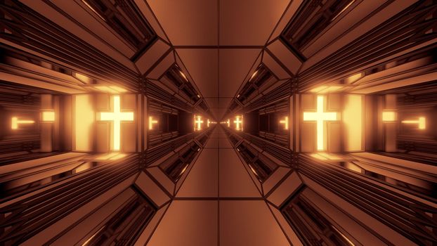 clean futuristic scifi fantasy space hangar tunnel corridor with holy christian glowing cross 3d illustration wallpaper background, future sci-fi building room with religion christus symbol 3d rendering design