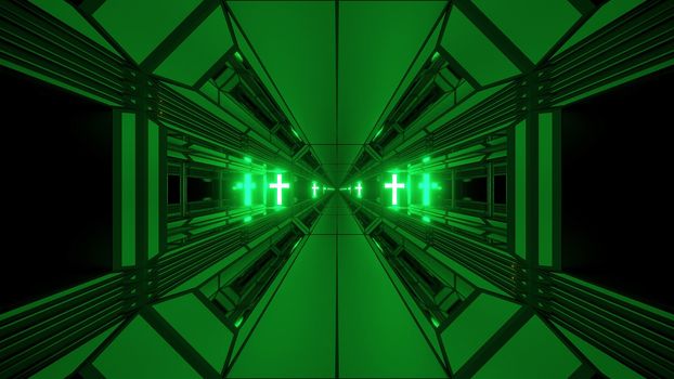 clean futuristic scifi fantasy space hangar tunnel corridor with holy christian glowing cross 3d illustration wallpaper background, future sci-fi building room with religion christus symbol 3d rendering design