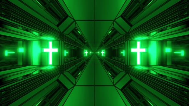 clean futuristic scifi fantasy space hangar tunnel corridor with holy christian glowing cross 3d illustration wallpaper background, future sci-fi building room with religion christus symbol 3d rendering design