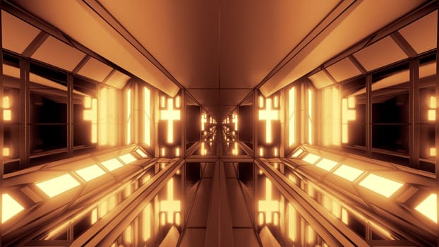 clean futuristic scifi fantasy space hangar tunnel corridor with holy christian glowing cross and glass bottom 3d illustration wallpaper background, future sci-fi building room with religion christus symbol 3d rendering design