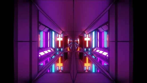 clean futuristic scifi fantasy space hangar tunnel corridor with holy christian glowing cross and glass bottom 3d illustration wallpaper background, future sci-fi building room with religion christus symbol 3d rendering design