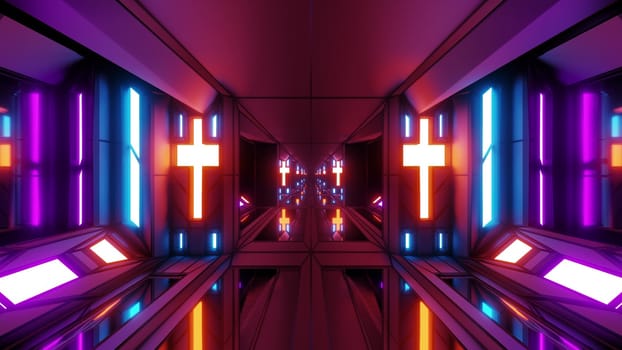 clean futuristic scifi fantasy space hangar tunnel corridor with holy christian glowing cross and glass bottom 3d illustration wallpaper background, future sci-fi building room with religion christus symbol 3d rendering design