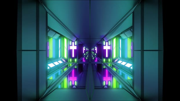 clean futuristic scifi fantasy space hangar tunnel corridor with holy christian glowing cross and glass bottom 3d illustration wallpaper background, future sci-fi building room with religion christus symbol 3d rendering design