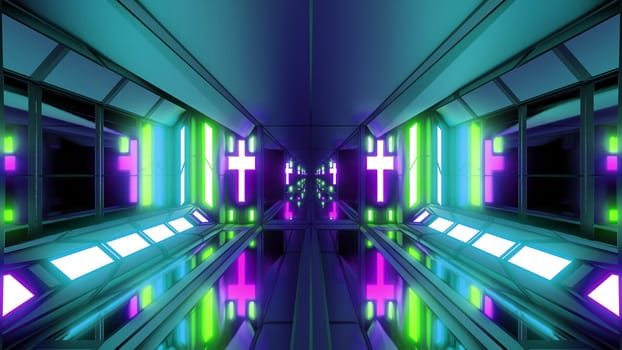 clean futuristic scifi fantasy space hangar tunnel corridor with holy christian glowing cross and glass bottom 3d illustration wallpaper background, future sci-fi building room with religion christus symbol 3d rendering design