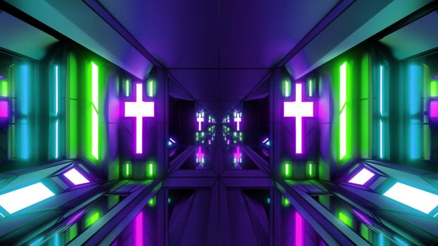 clean futuristic scifi fantasy space hangar tunnel corridor with holy christian glowing cross and glass bottom 3d illustration wallpaper background, future sci-fi building room with religion christus symbol 3d rendering design