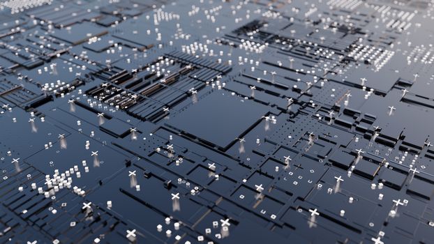 Abstract Central Computer Processors Concept. 3D illustration. Conceptual CPU on circuit board - PCB