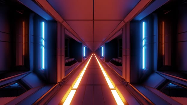 futuristic scifi fantasy space hangar tunnel corridor with hot metal 3d illustration wallpaper background, future sci-fi building room with glass windows rendering design