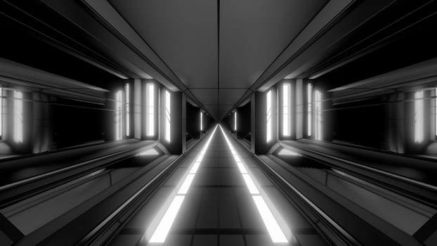futuristic scifi fantasy space hangar tunnel corridor with hot metal 3d illustration wallpaper background, future sci-fi building room with glass windows rendering design