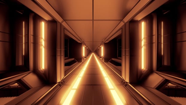 futuristic scifi fantasy space hangar tunnel corridor with hot metal 3d illustration wallpaper background, future sci-fi building room with glass windows rendering design